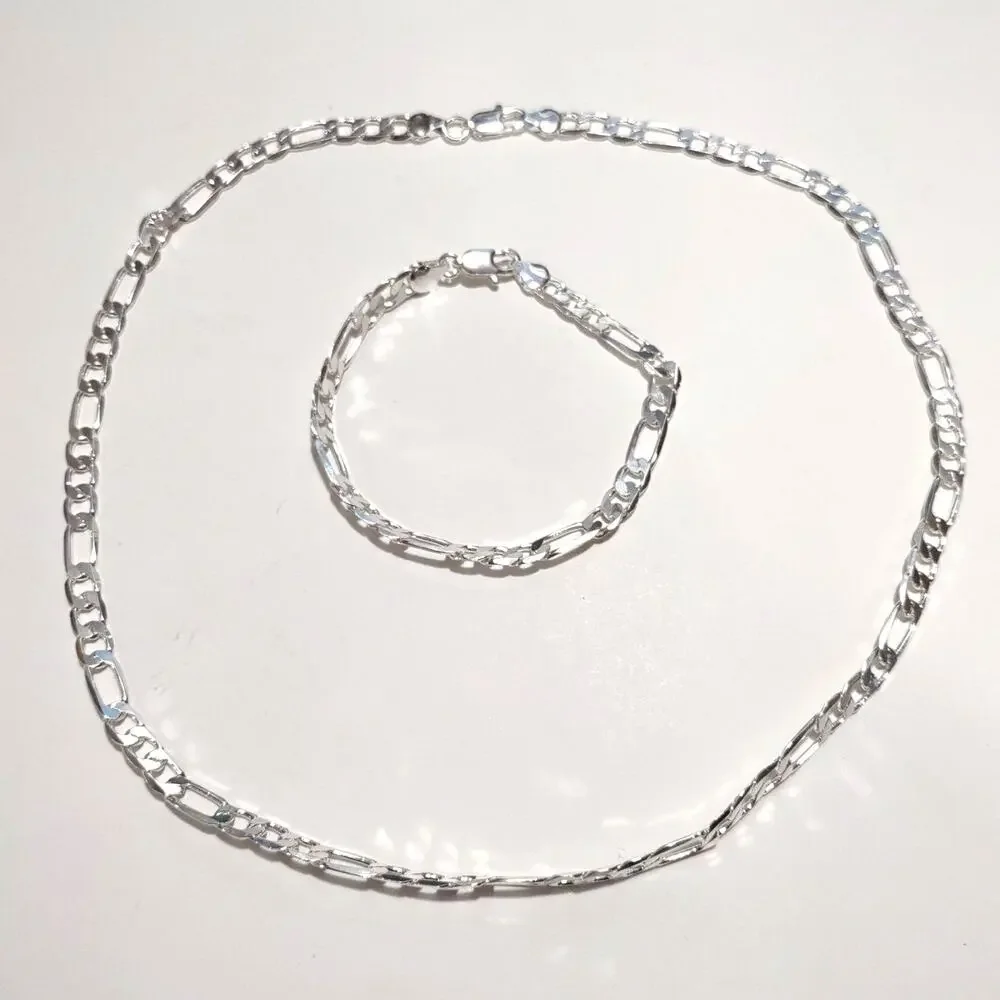 Genuine 925 Silver Necklace & Bracelet Set 6mm Figaro Vintage Fashion Gift NEW!!
